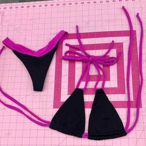 Demon Bikini Handmade Swim Small Set Thong Bottom Black Magenta Beach String